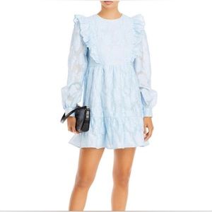 Aqua Jacquard Flower pattern Ruffled Mini Dress
